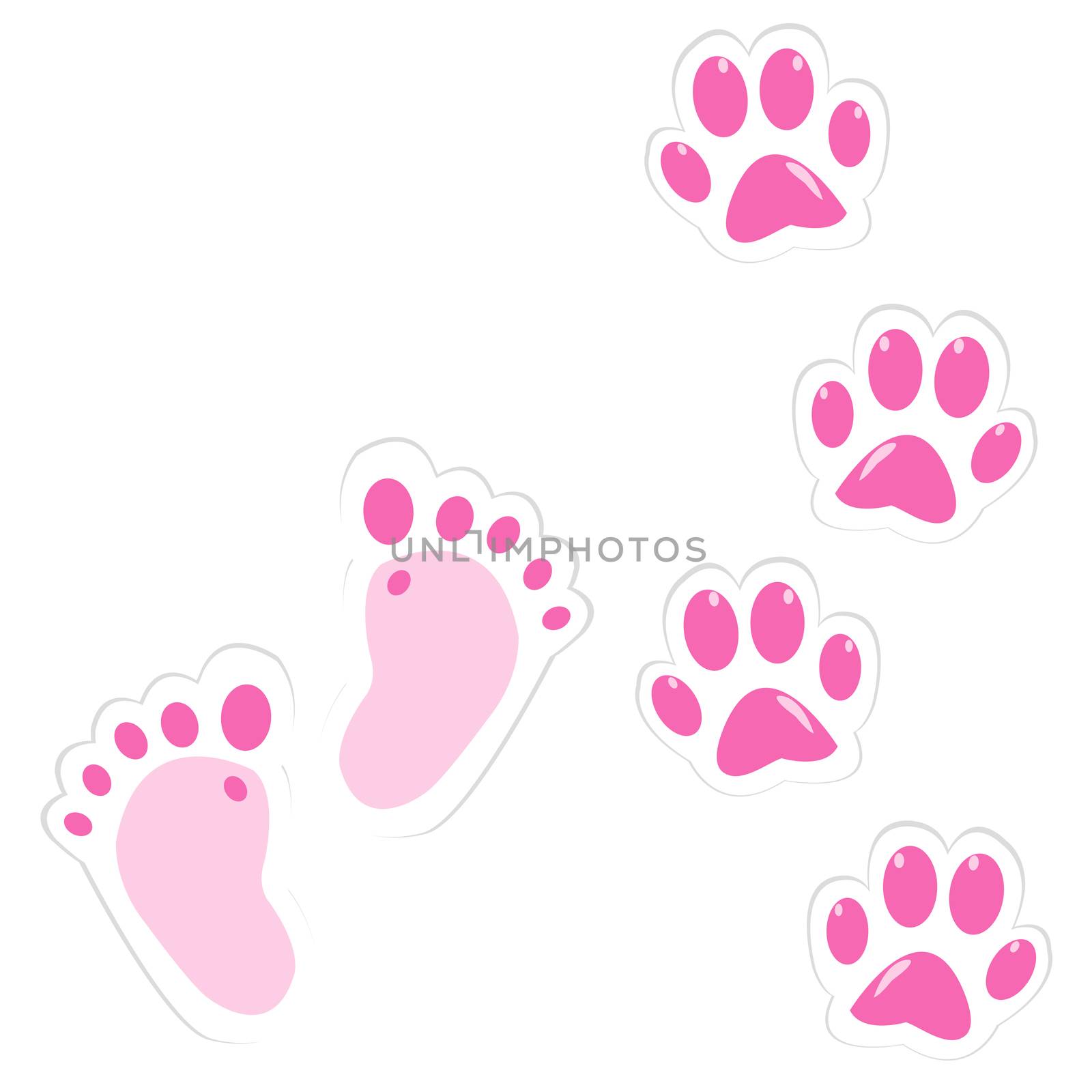 Cute pink baby footprint and pet paws