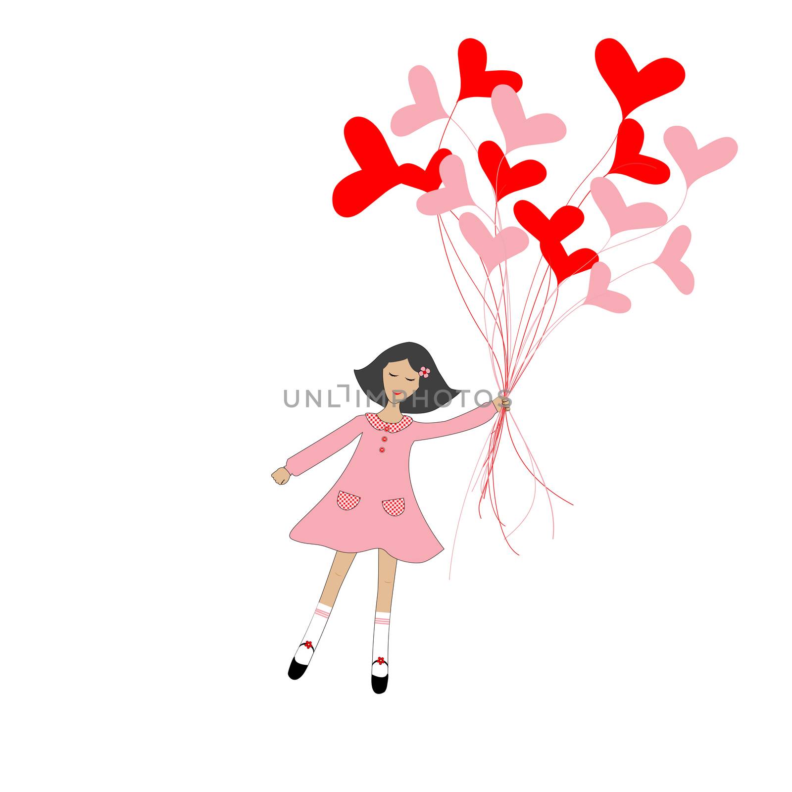 Cute cartoon girl flying with hearts shape balloons by hibrida13