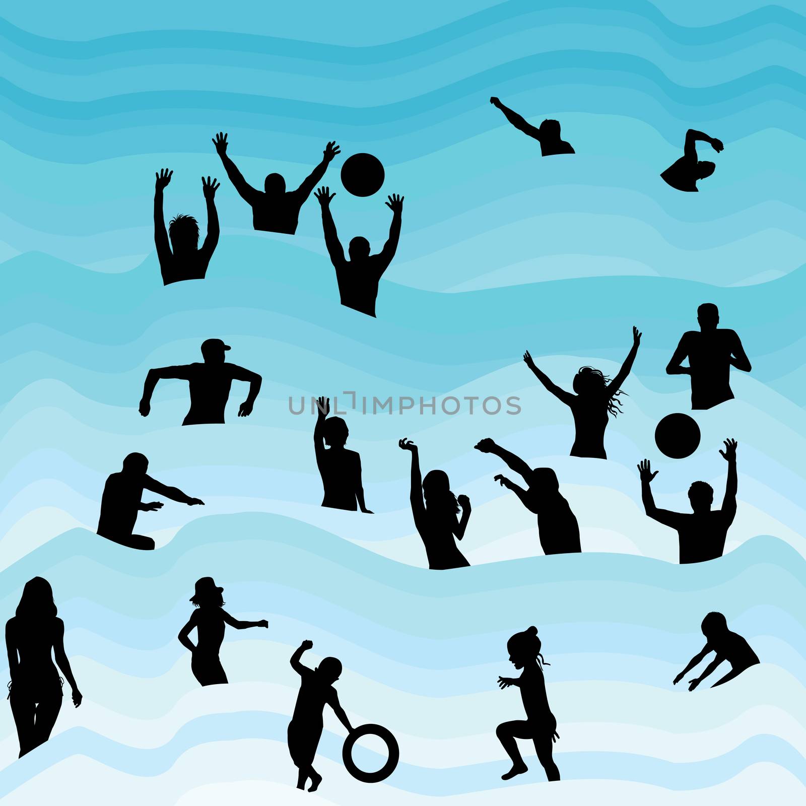 Silhouettes of people having fun in the water