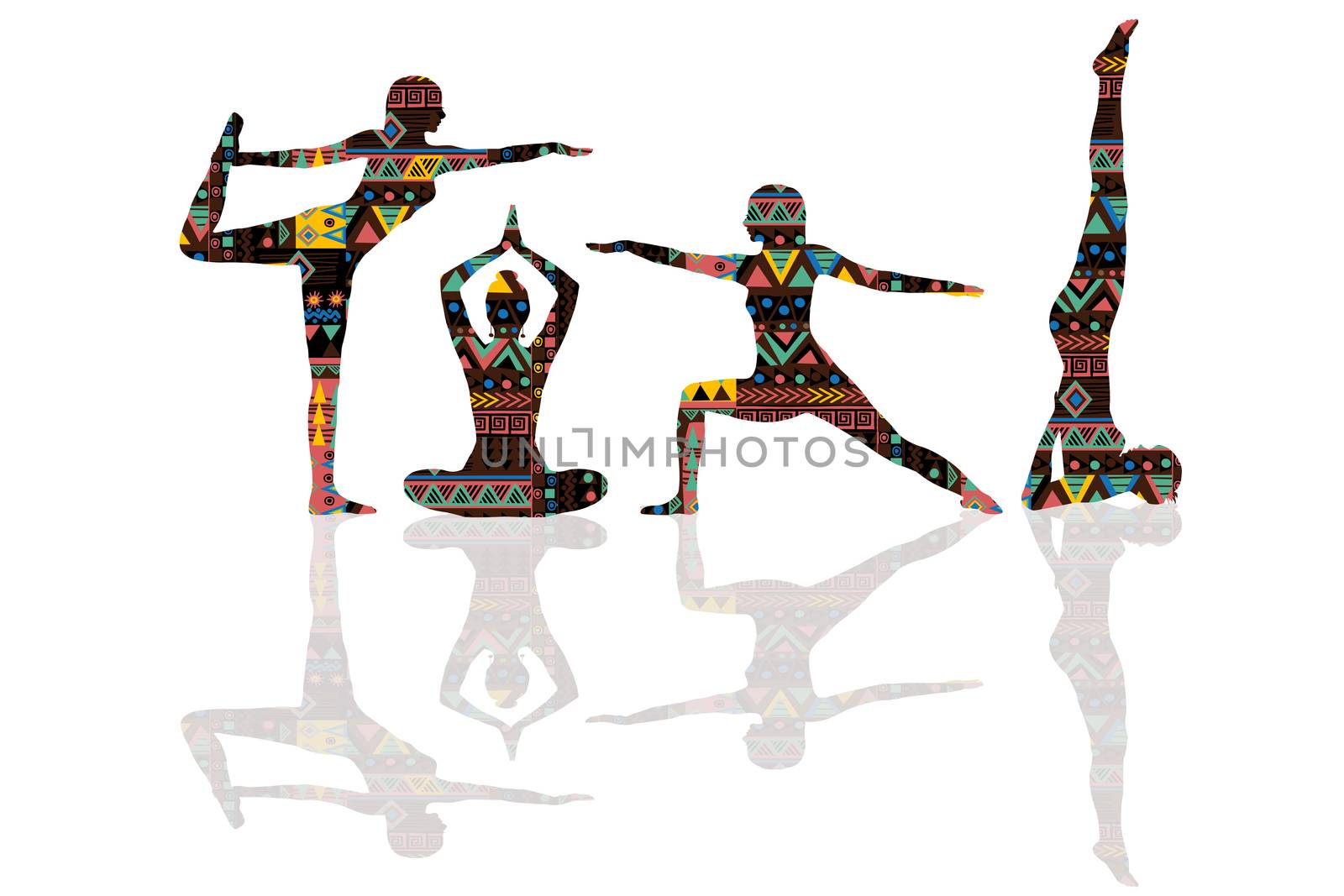 Yoga poses silhouettes witg ethnic motifs pattern