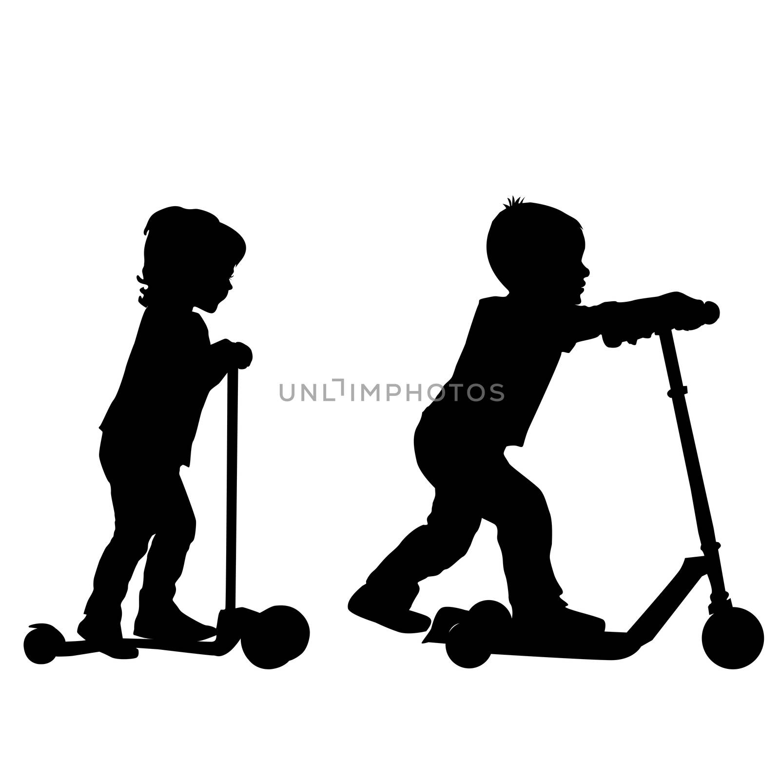 Children silhouettes learn to ride scooter