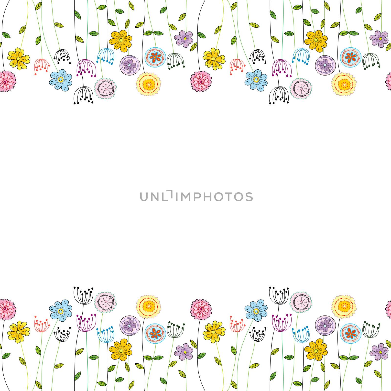 Seamless funny floral border with doodle colored flowers