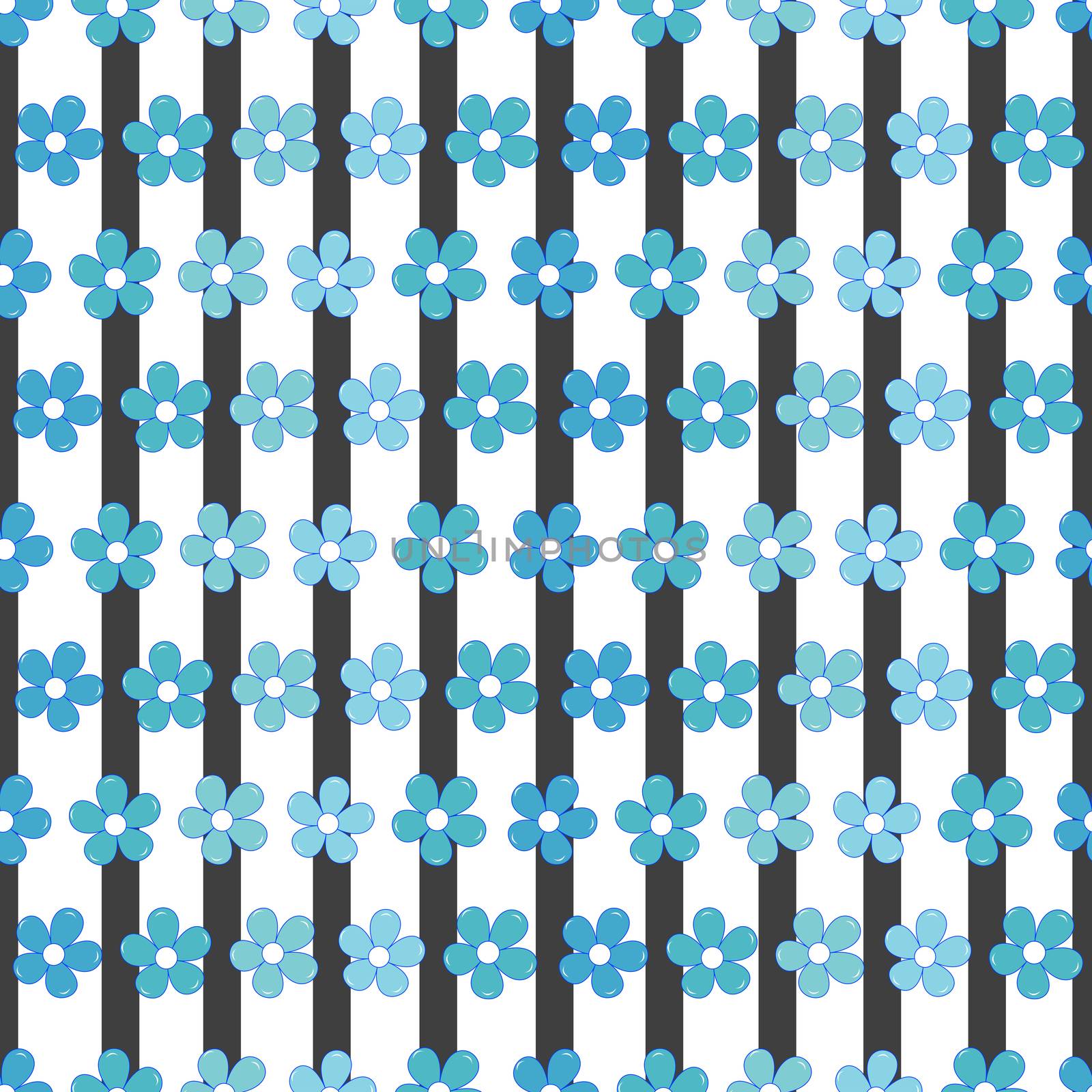 Seamless pattern with blue flowers and black stripes on white background