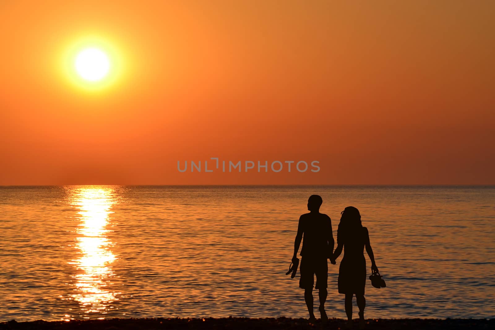 Back view of a couple silhouette walking together on the beach at sunrise in summer