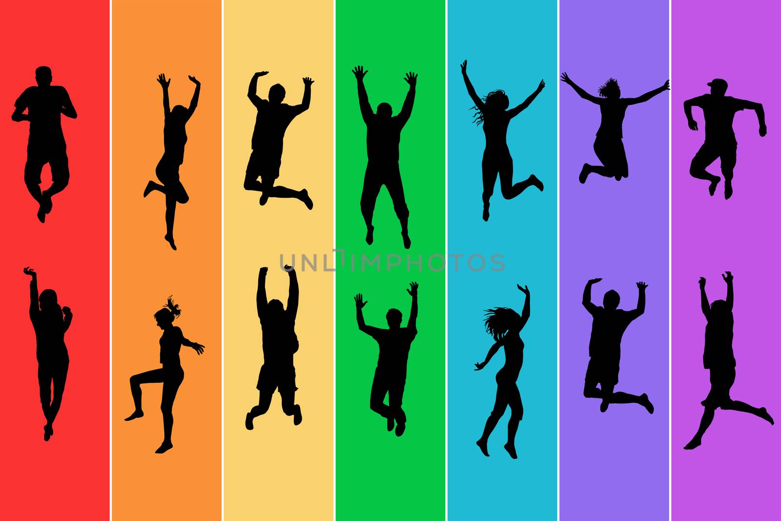 Silhouettes of people jumping on rainbow background by hibrida13