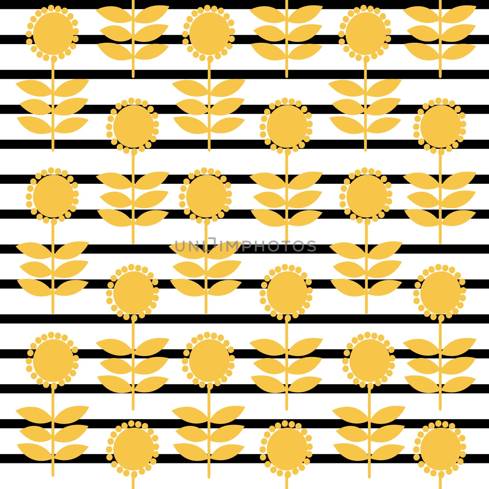 Vintage pattern with stylized sunflowers on striped background