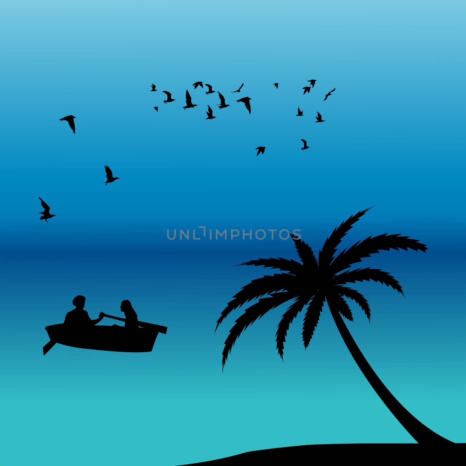Romantic landscape with couple in a boat on ocean