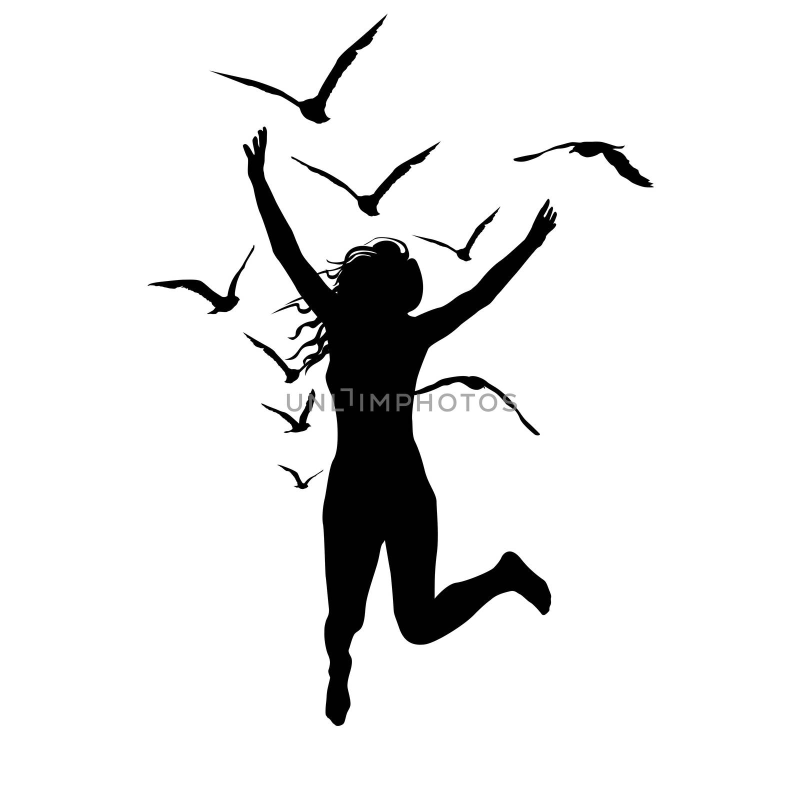 Silhouette of a woman who jump and birds flying by hibrida13
