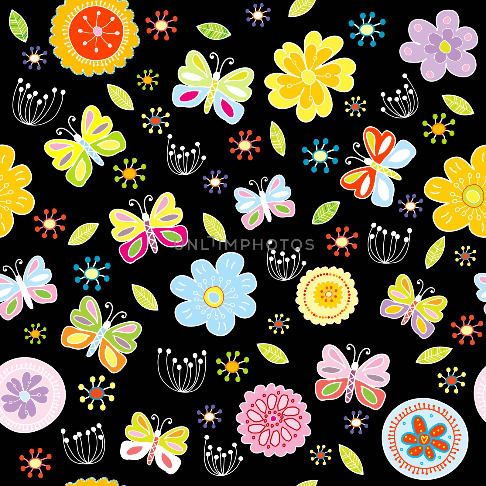 Floral pattern with butterflies on black background