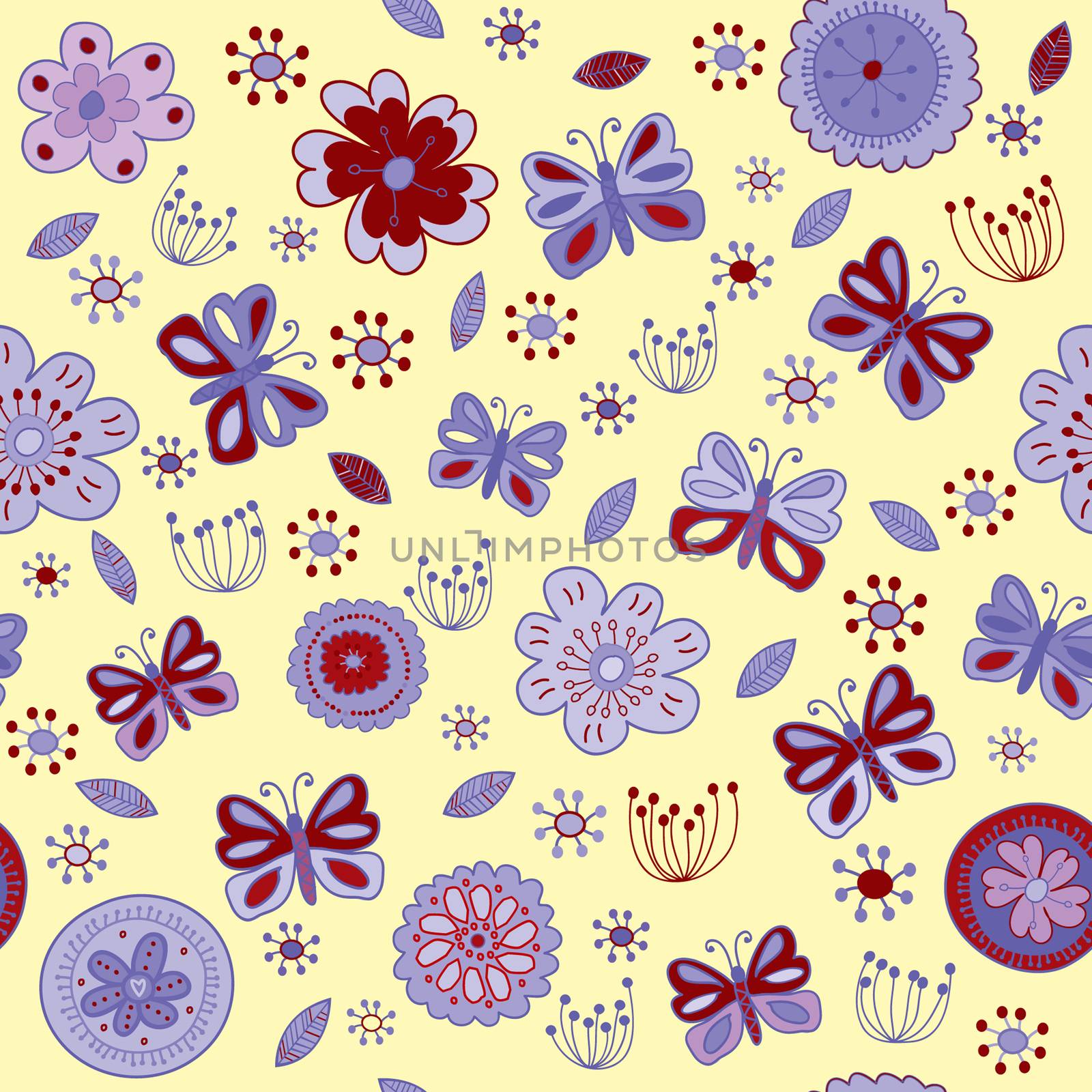 Floral seamless pattern with red and purple flowers and butterflies on yellow background