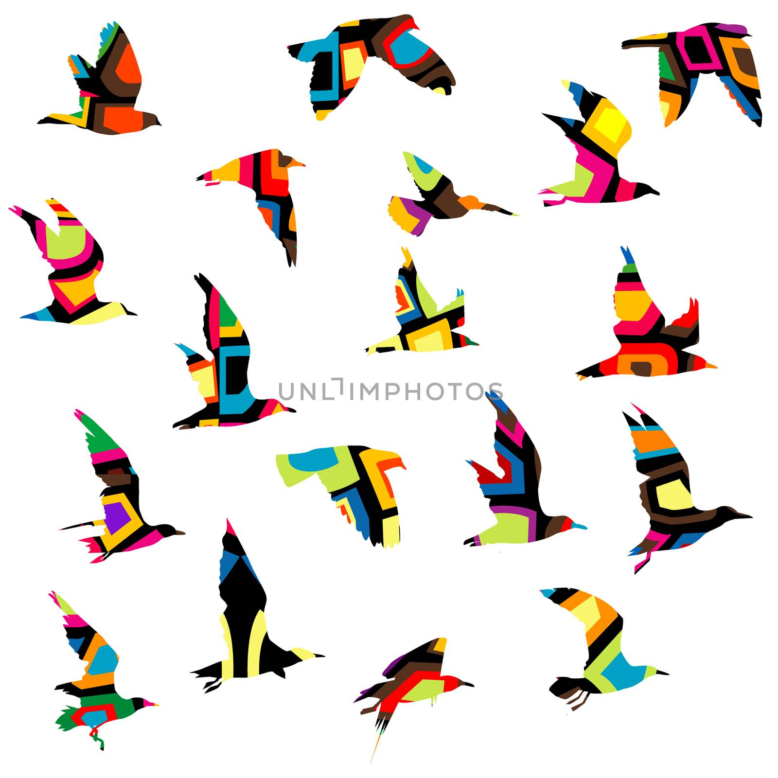 Colorful silhouettes of birds flying