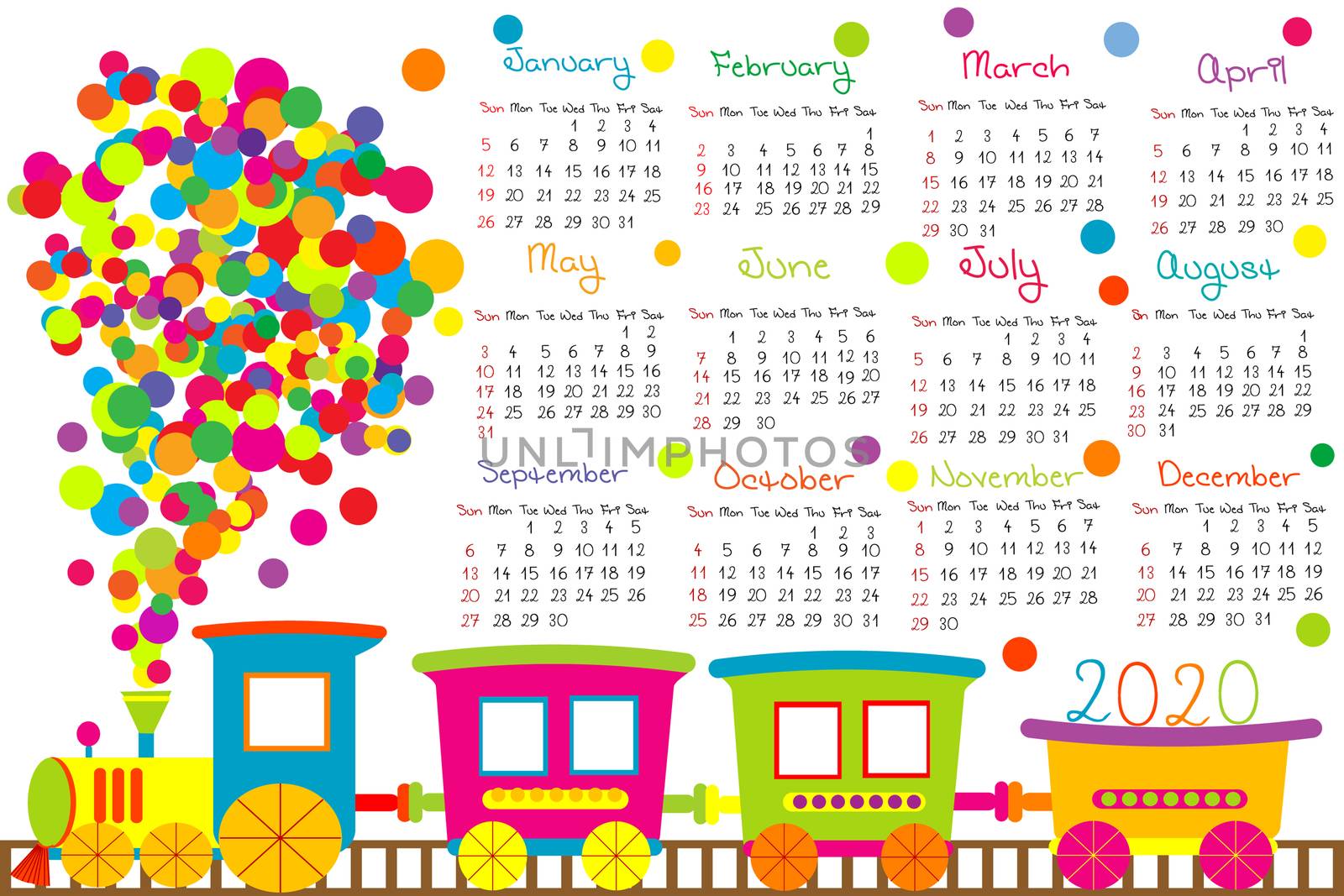 2020 calendar with cartoon train for kids by hibrida13