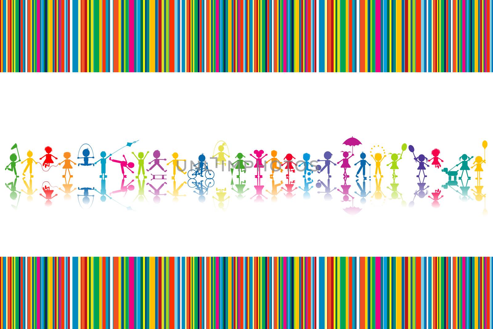 Cartoon colored children silhouettes on striped background