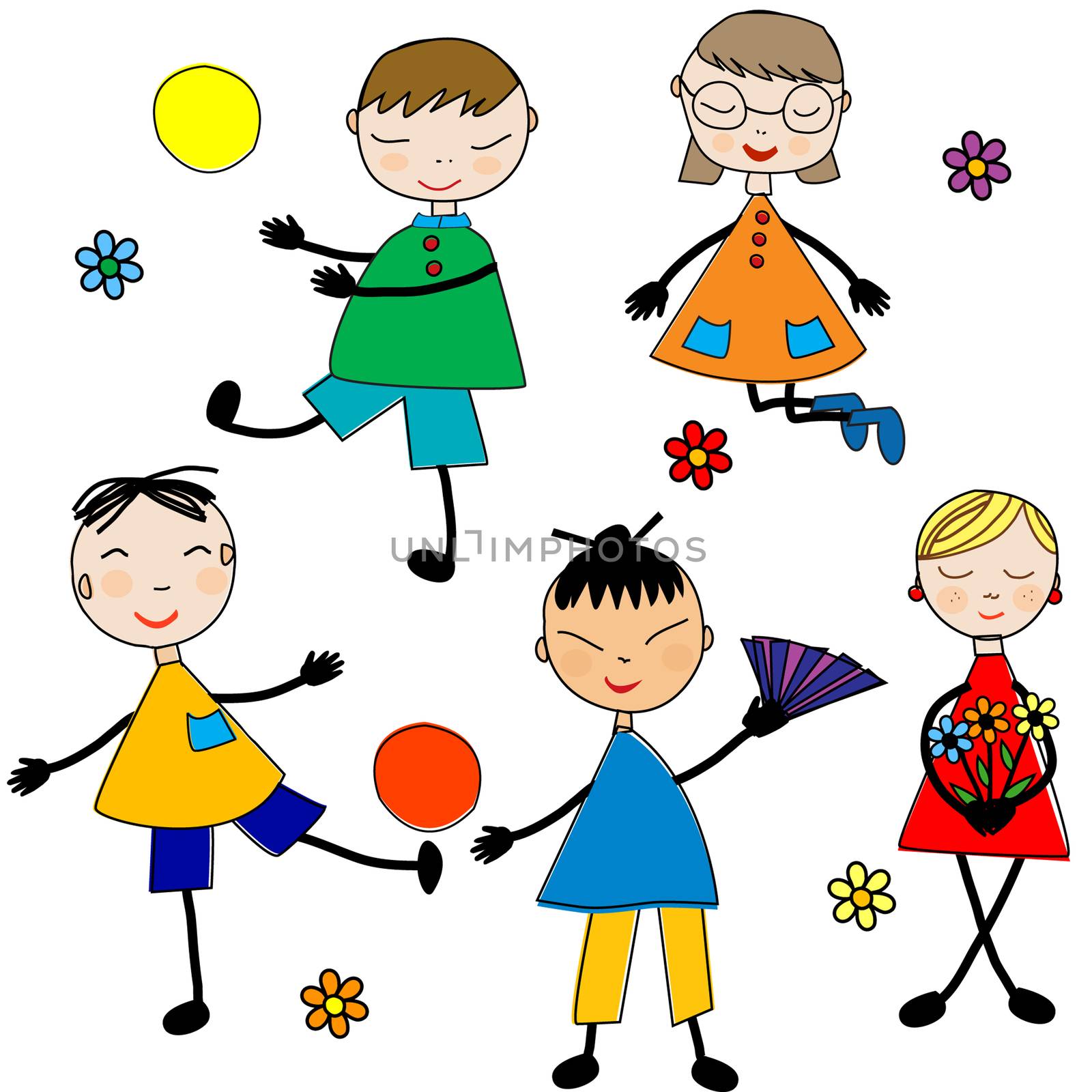 Doodle cartoon kids playing on white background