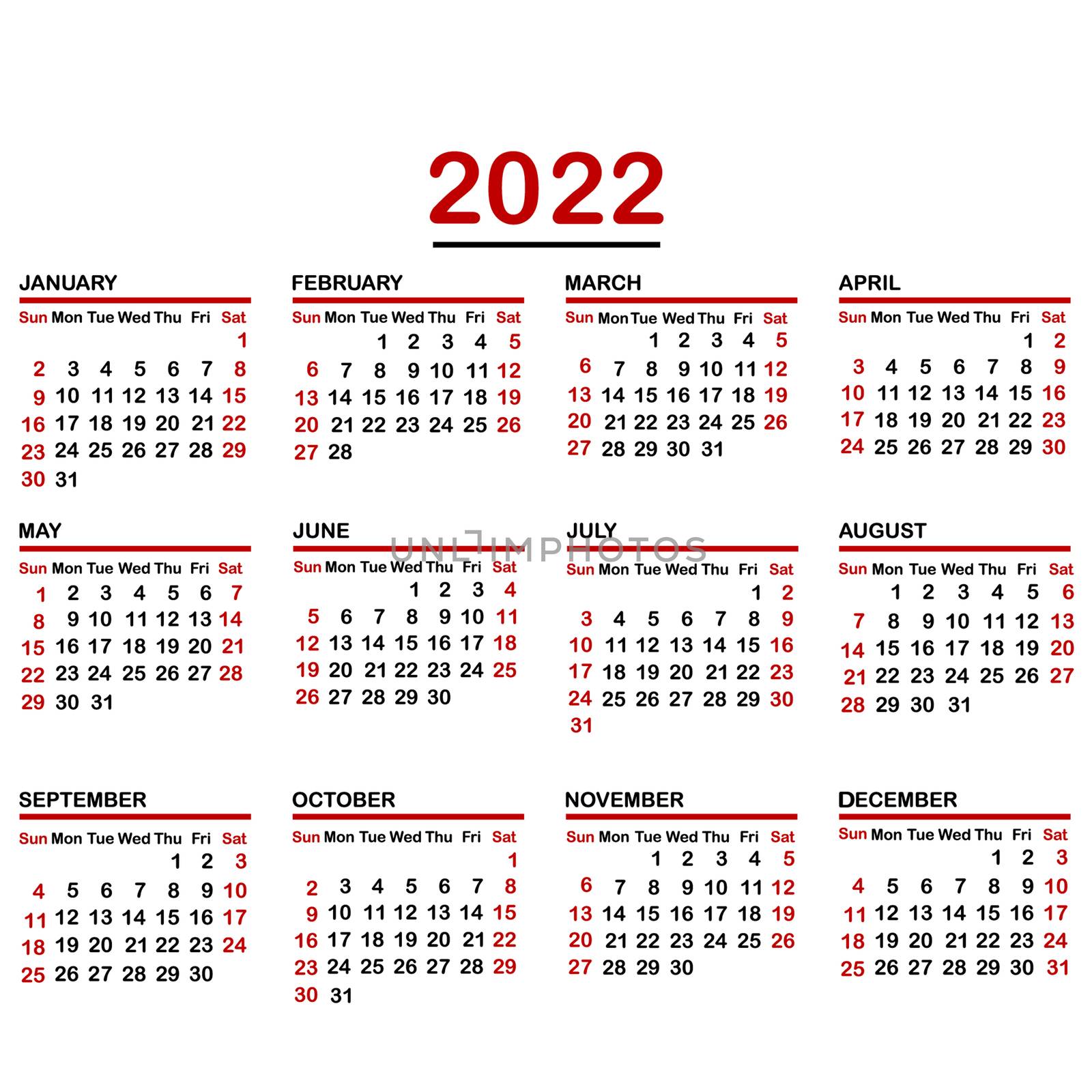 Minimalist calendar of year 2022