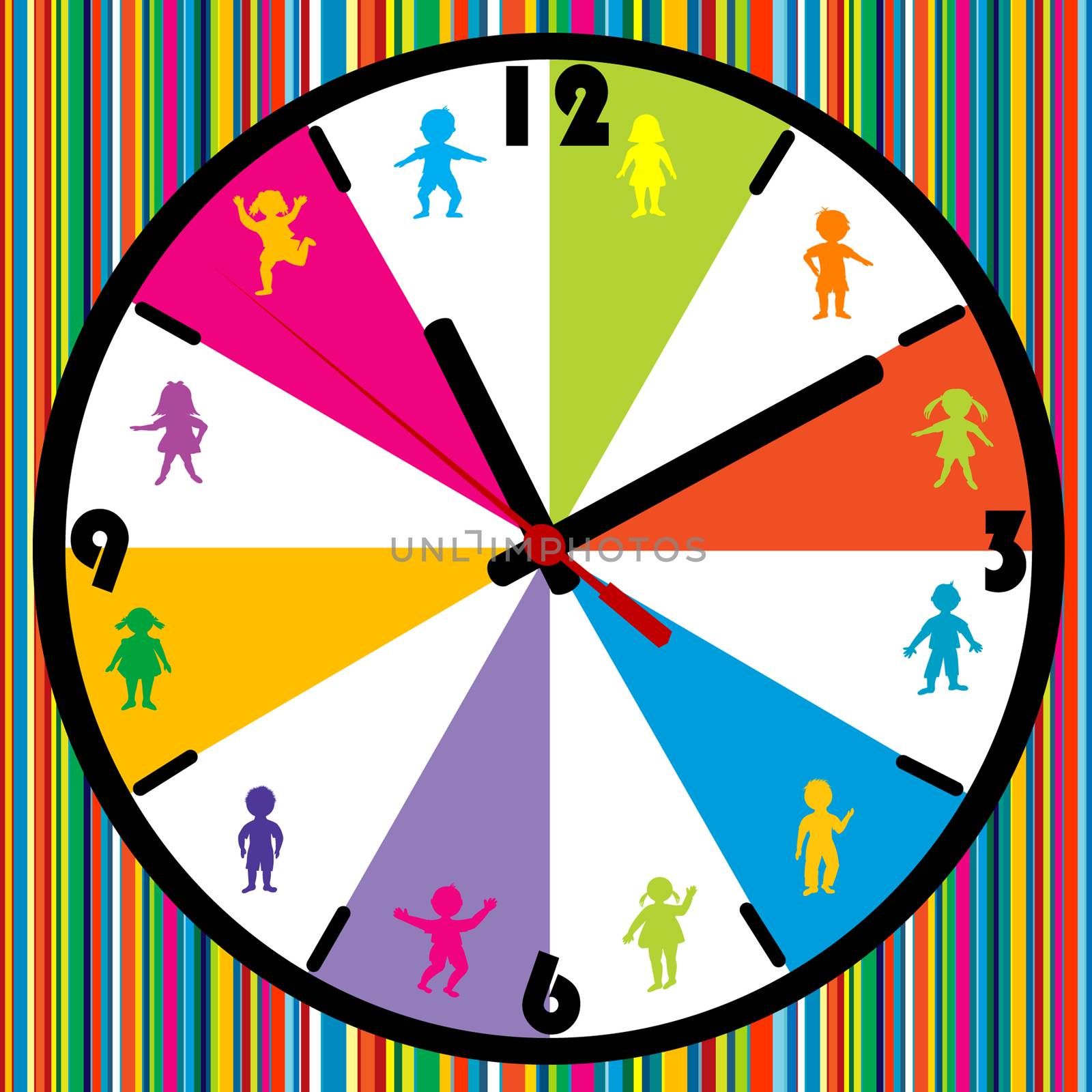 Clock with colored kids on striped background by hibrida13