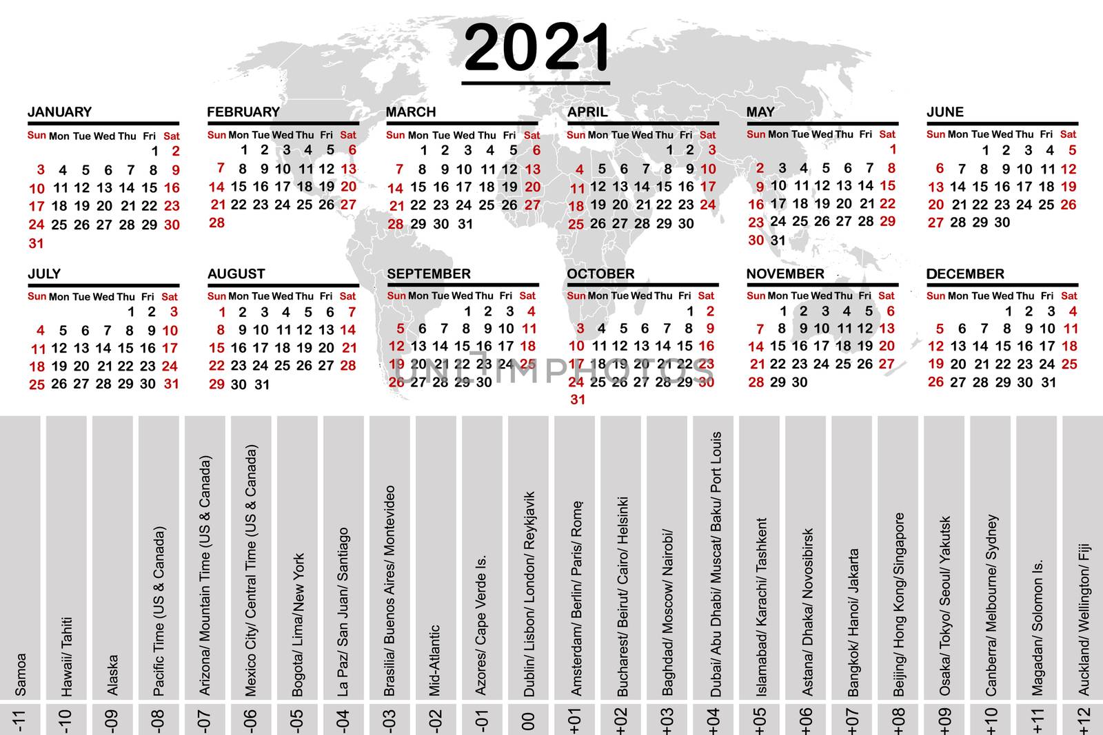 2021 calendar with world map and time zones