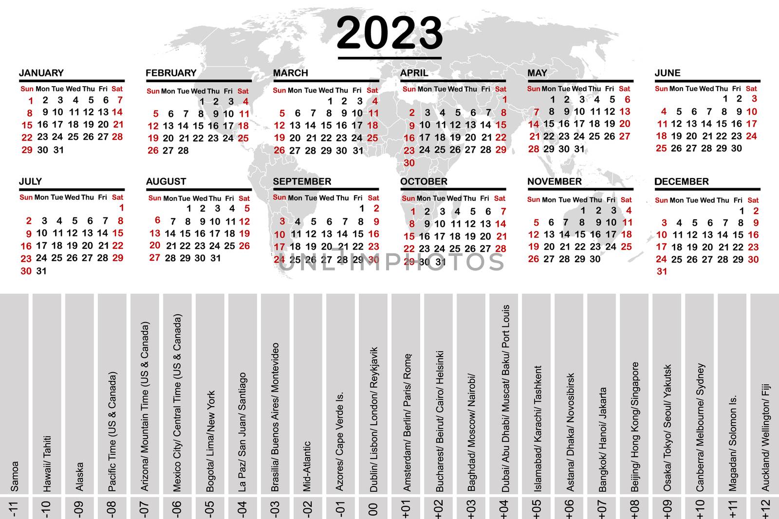 2023 calendar with world map and time zones by hibrida13