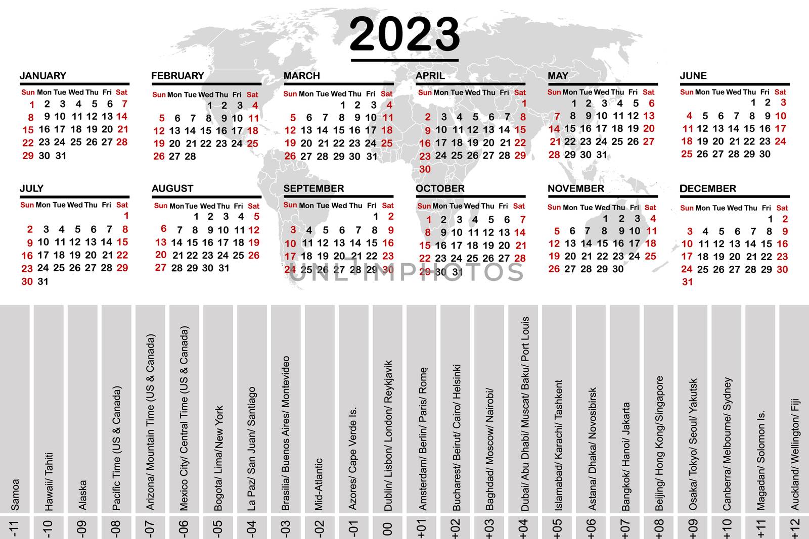 2023 calendar with world map and time zones