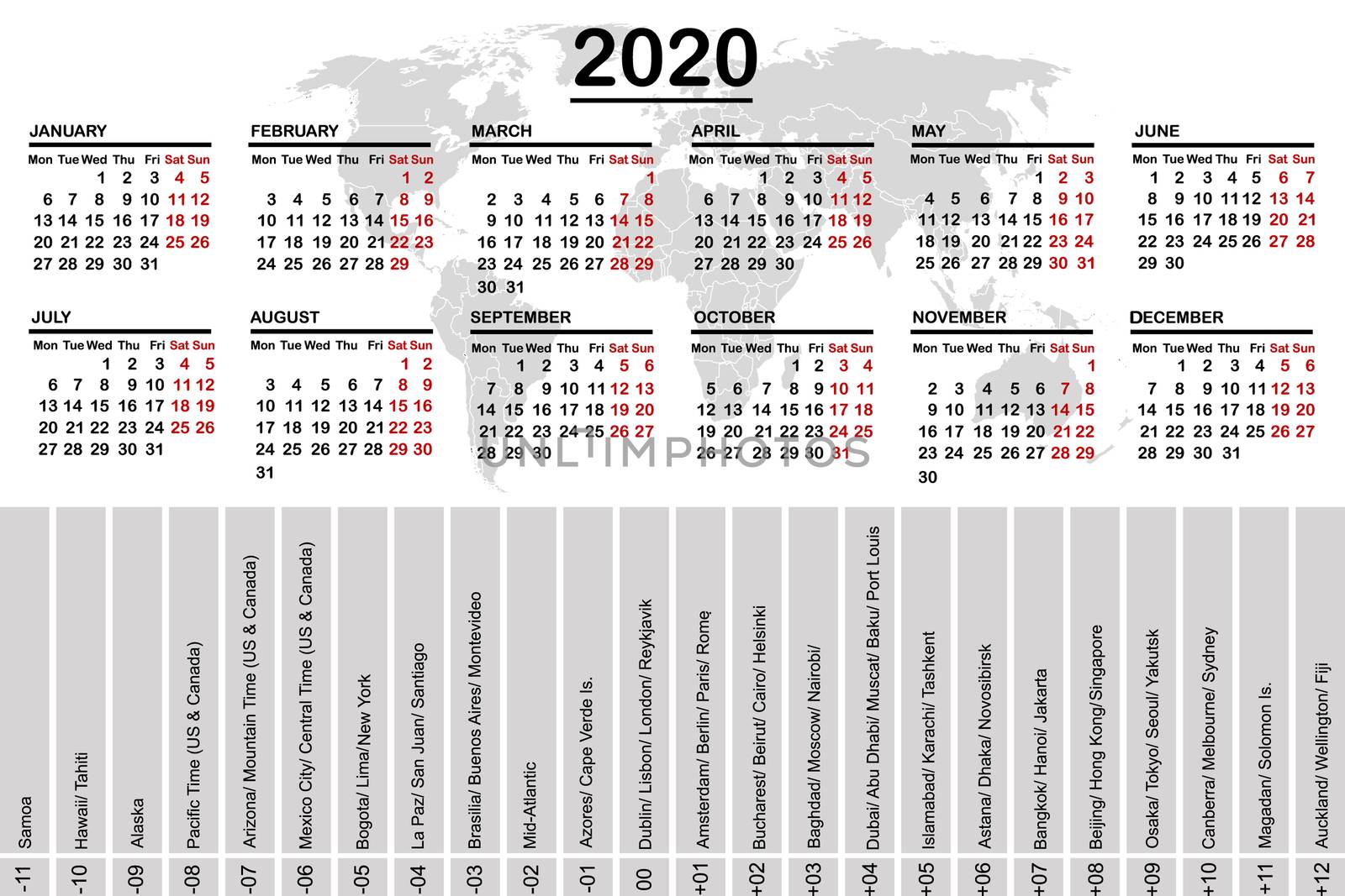 2020 calendar with world map and time zones