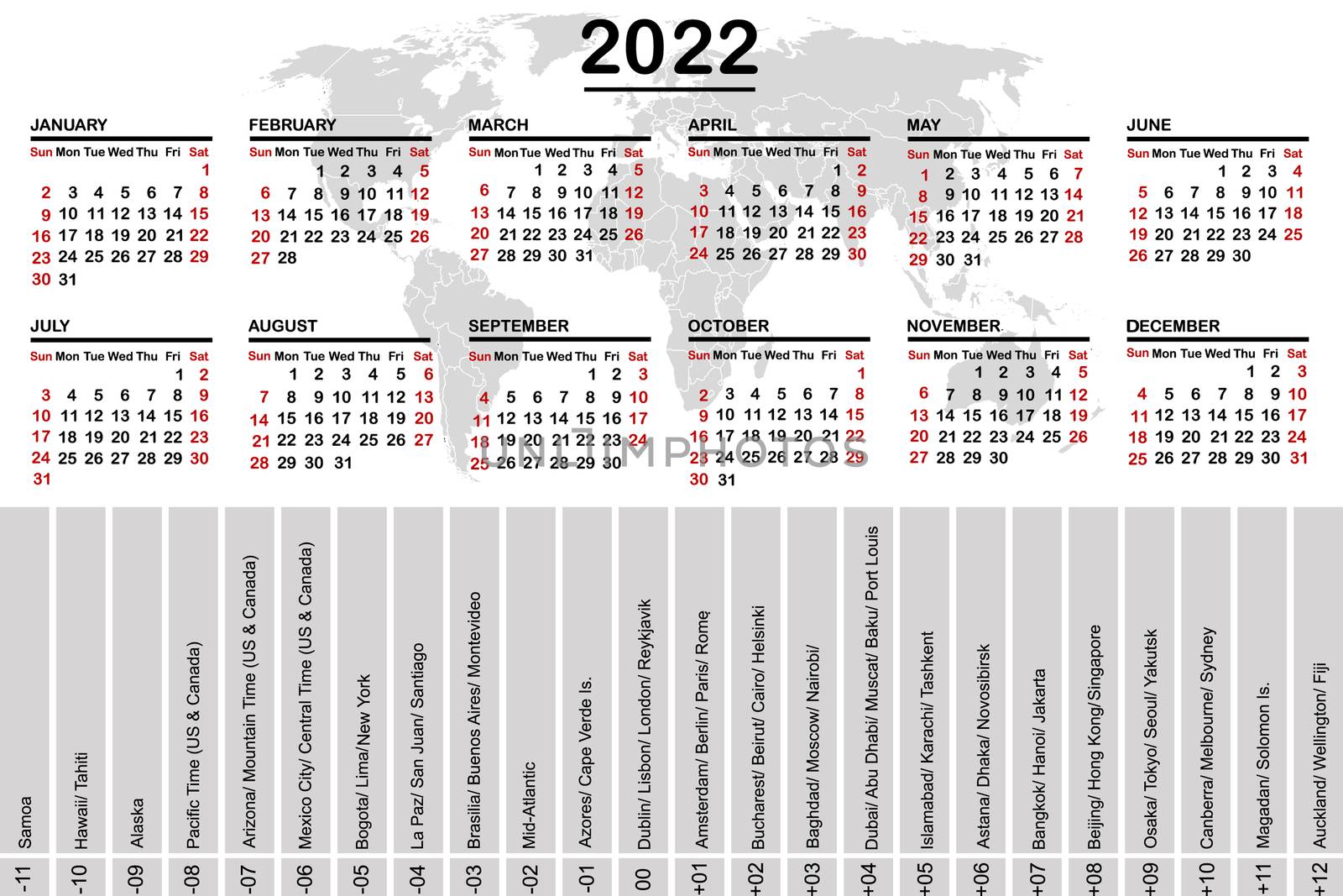 2022 calendar with world map and time zones