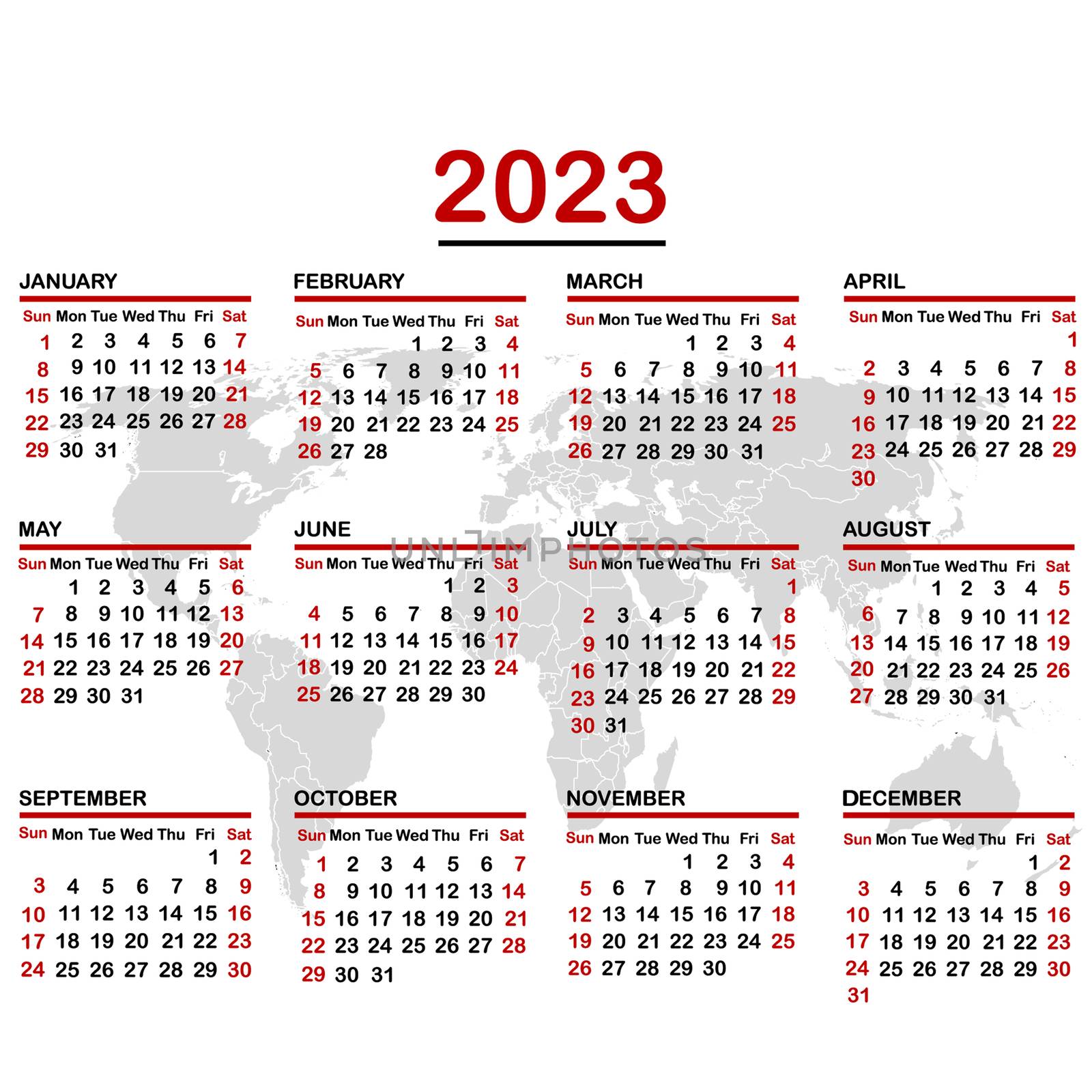 2023 calendar with world map