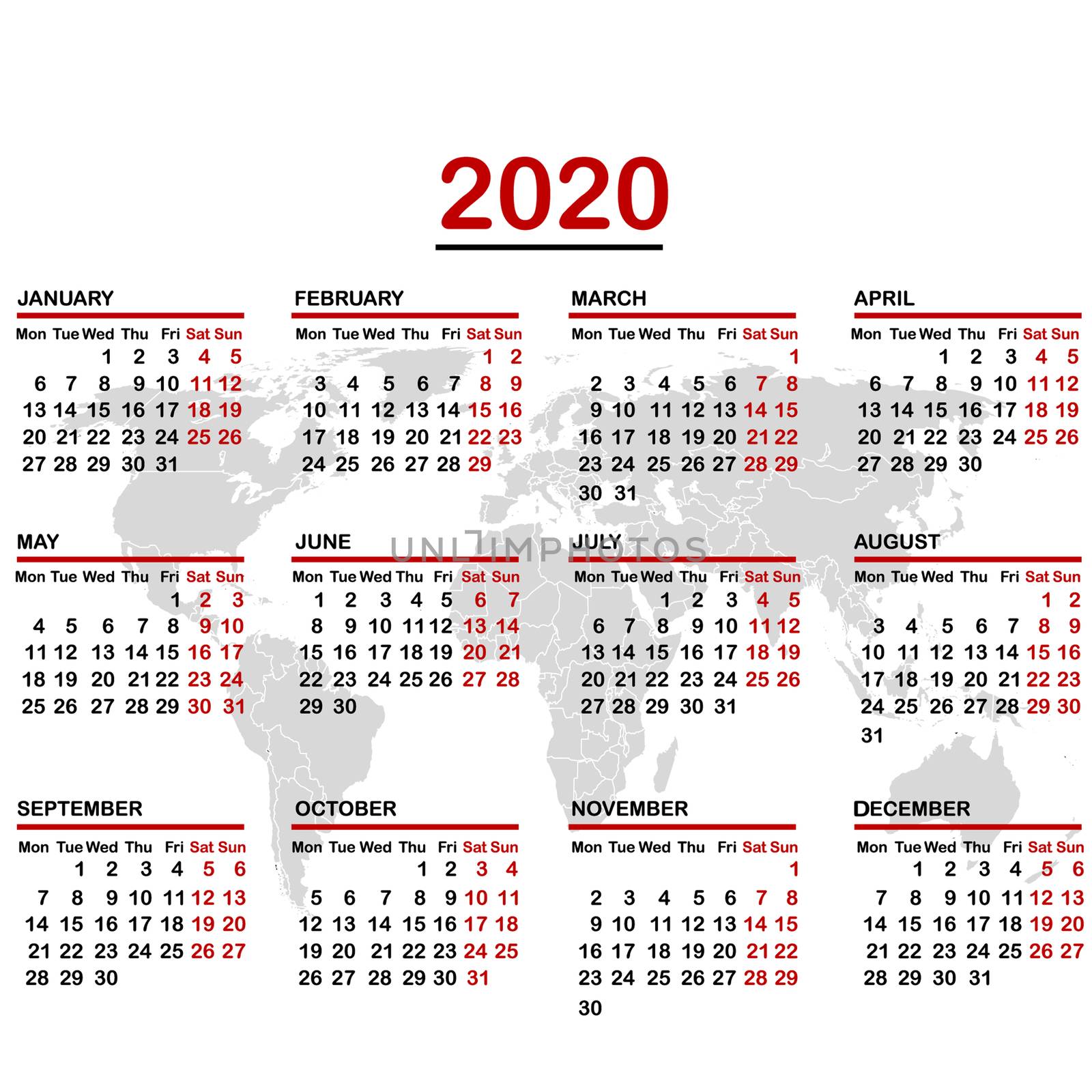 2020 calendar with world map by hibrida13