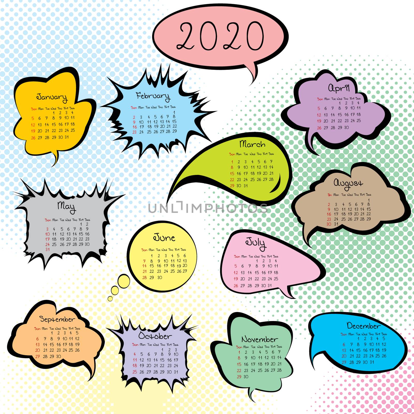 2020 calendar with colored speech bubbles