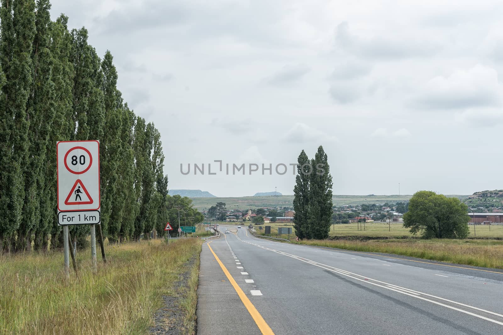 Road landscape on road N5 at Paul Roux in the Free State Province. Road signs are visible
