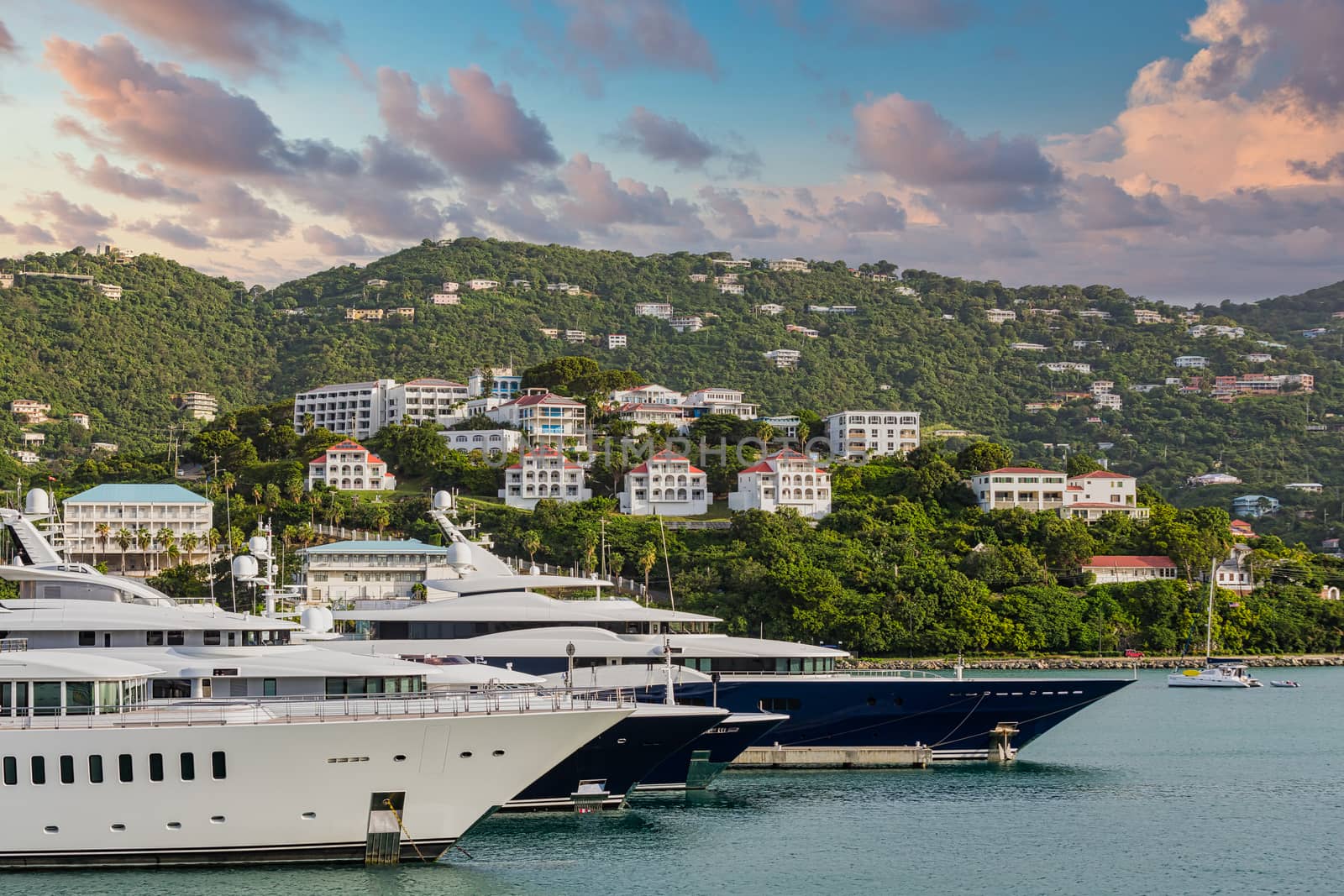 Bow of Four Yachts at Dusk by dbvirago