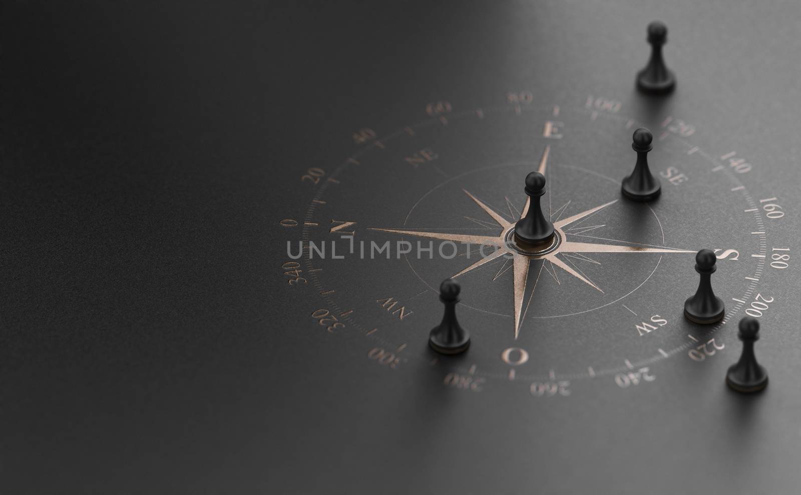 Golden compass rose over black background with five pawns. Business advice  or strategic marketing  concept. 3D illustration.
