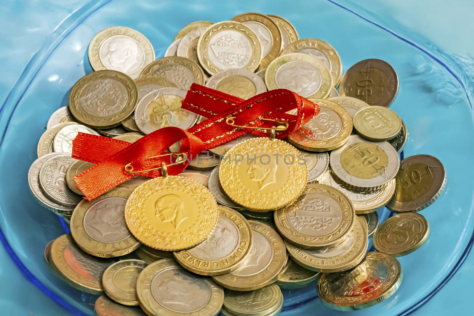 close up turkish gold coins on background