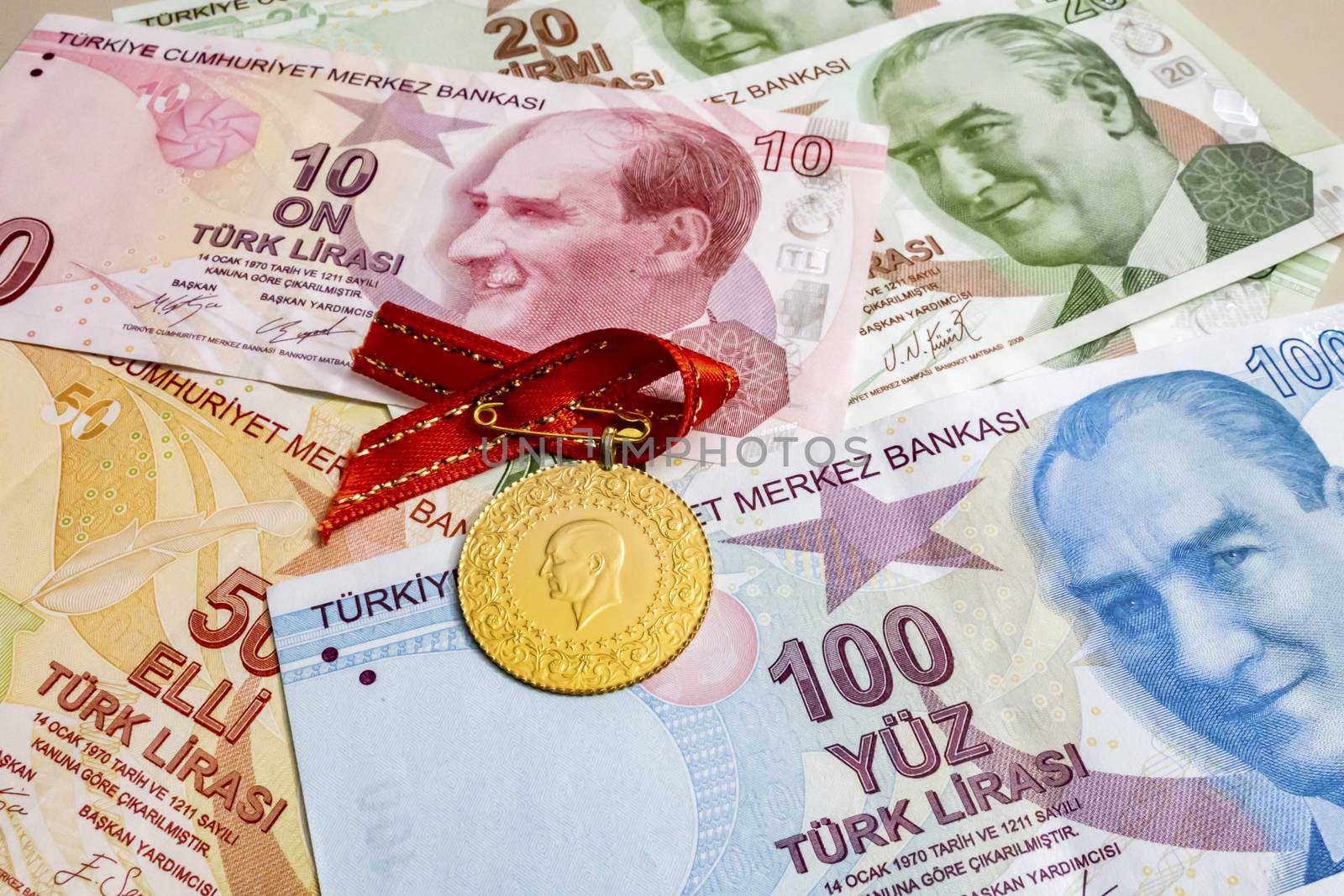 close up turkish gold coins on background