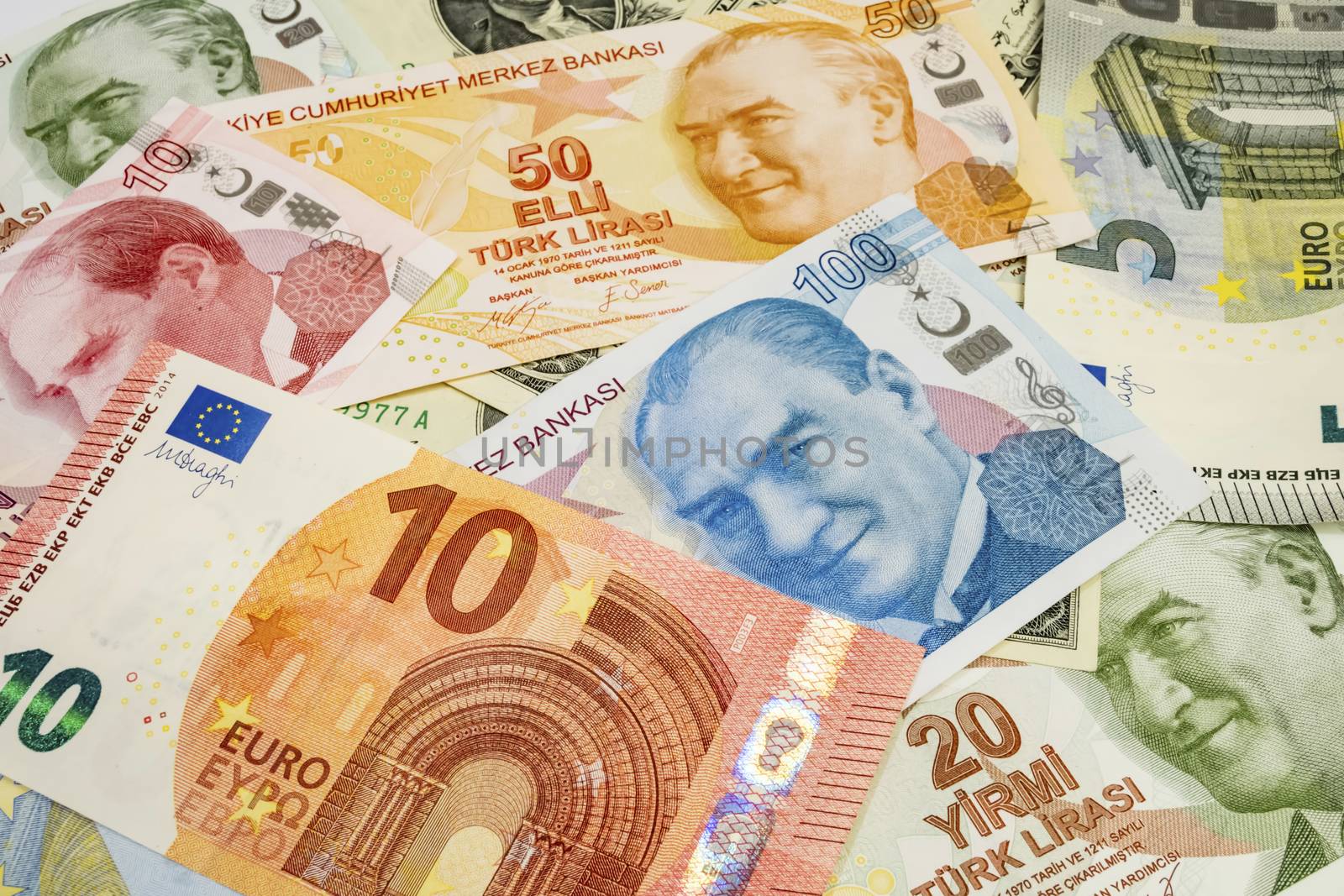 close up turkish lira, american dollar and euro banknotes on background