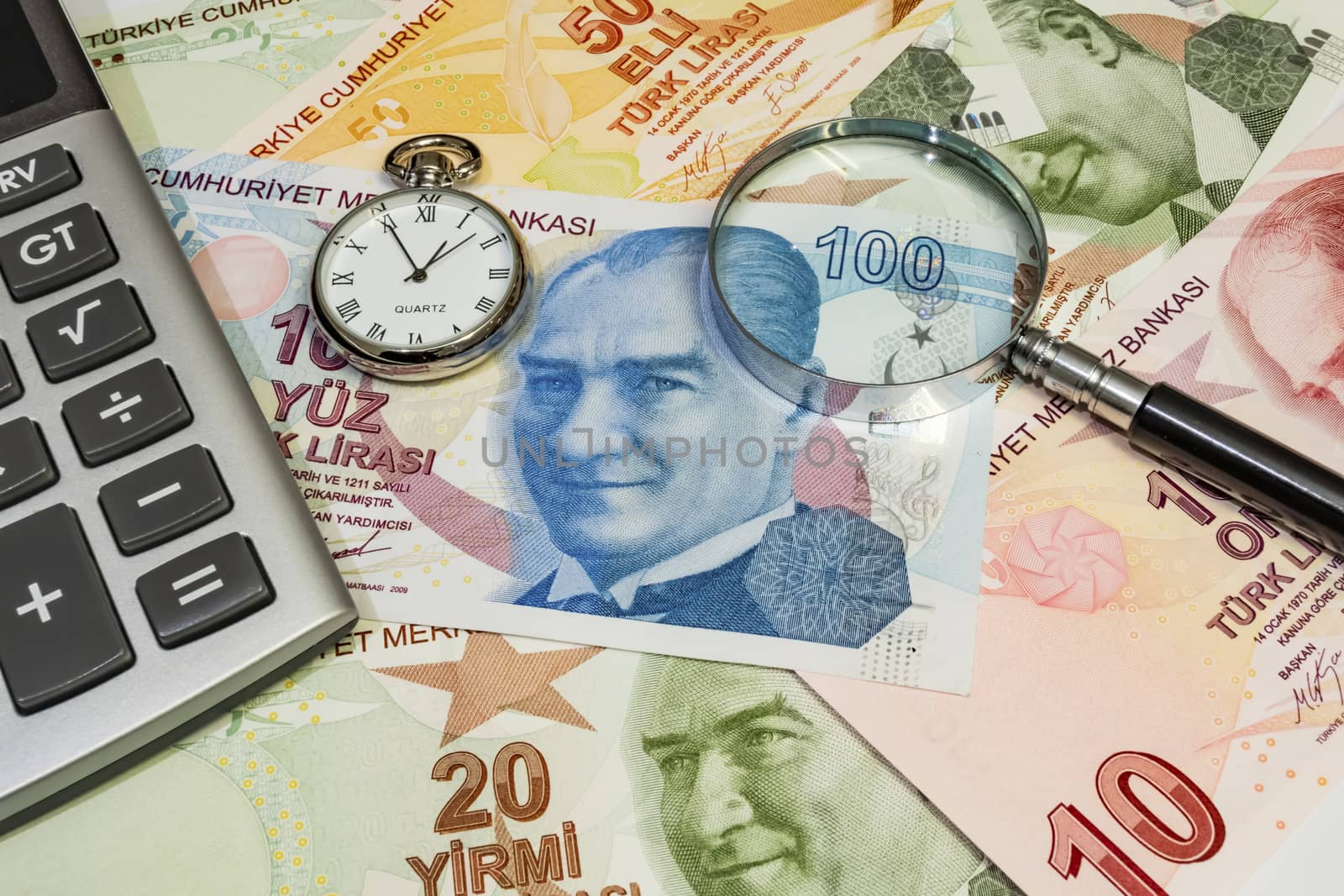 close up turkish lira banknotes on background