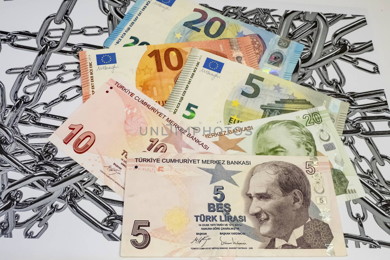 turkish lira, american dollar and euro banknotes