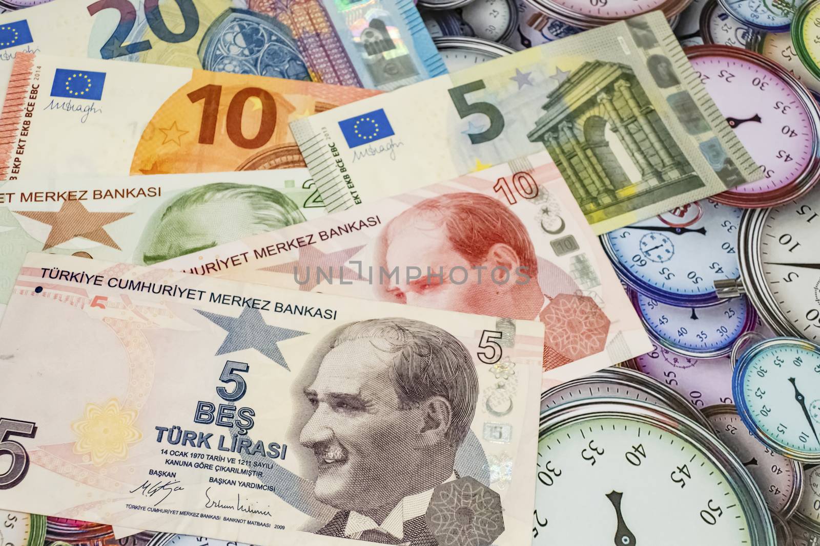 turkish lira, american dollar and euro banknotes