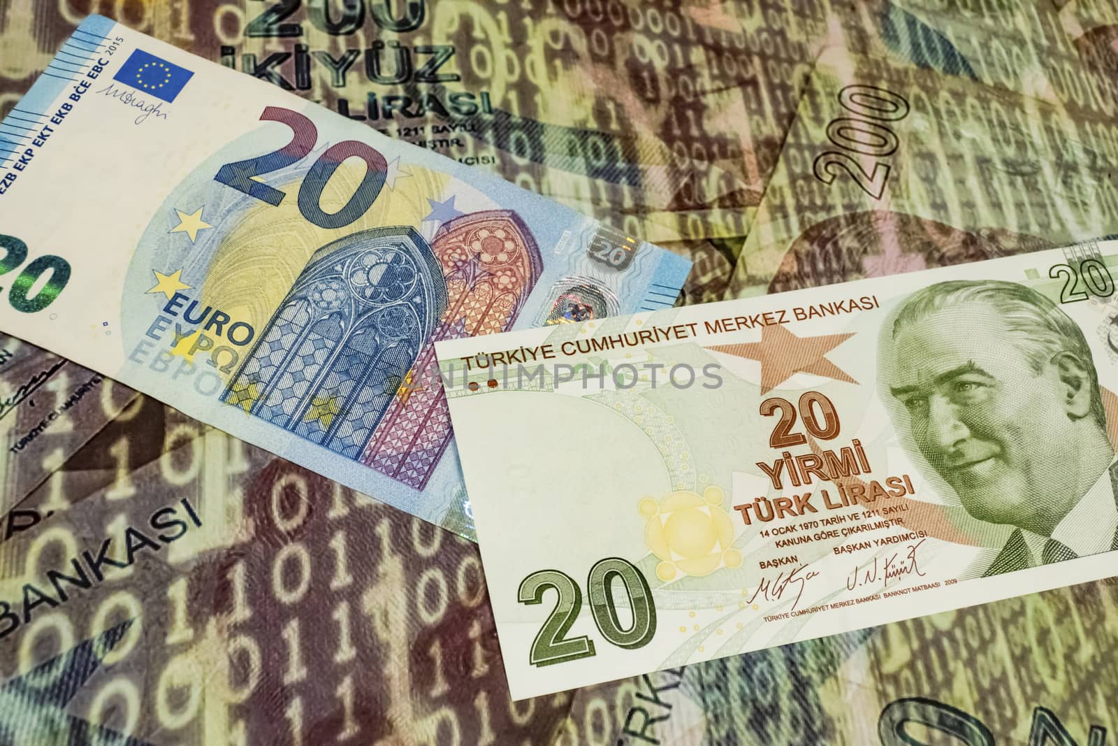 close up turkish lira banknotes with euro bankmotes on background