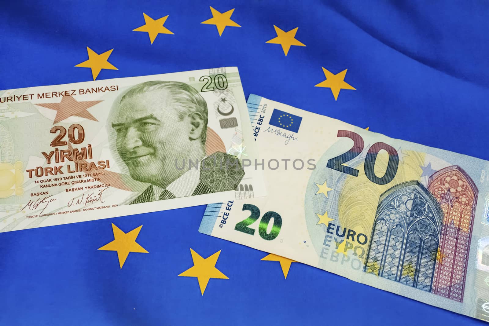 close up turkish lira banknotes with euro bankmotes on background