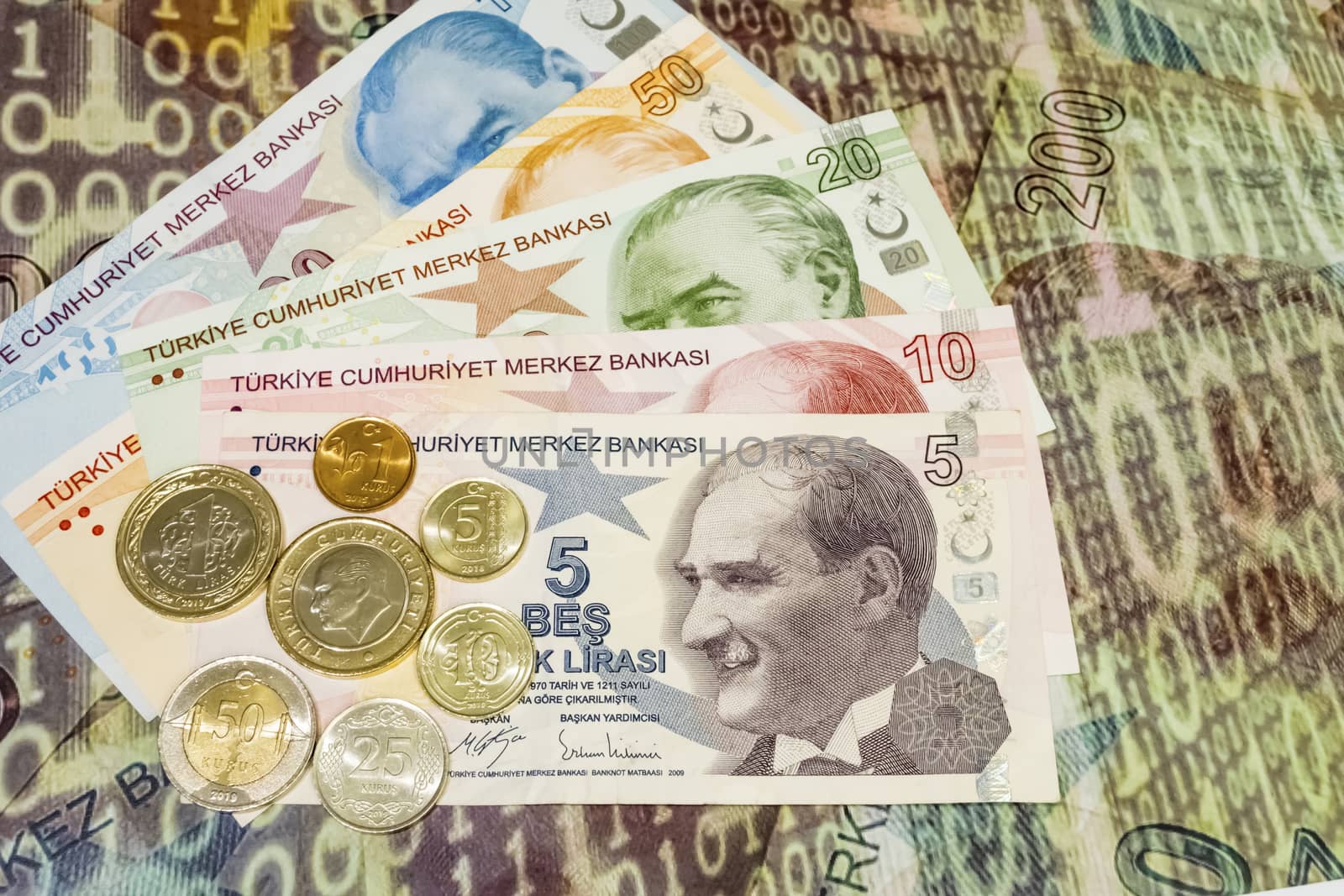 close up turkish lira banknotes on background