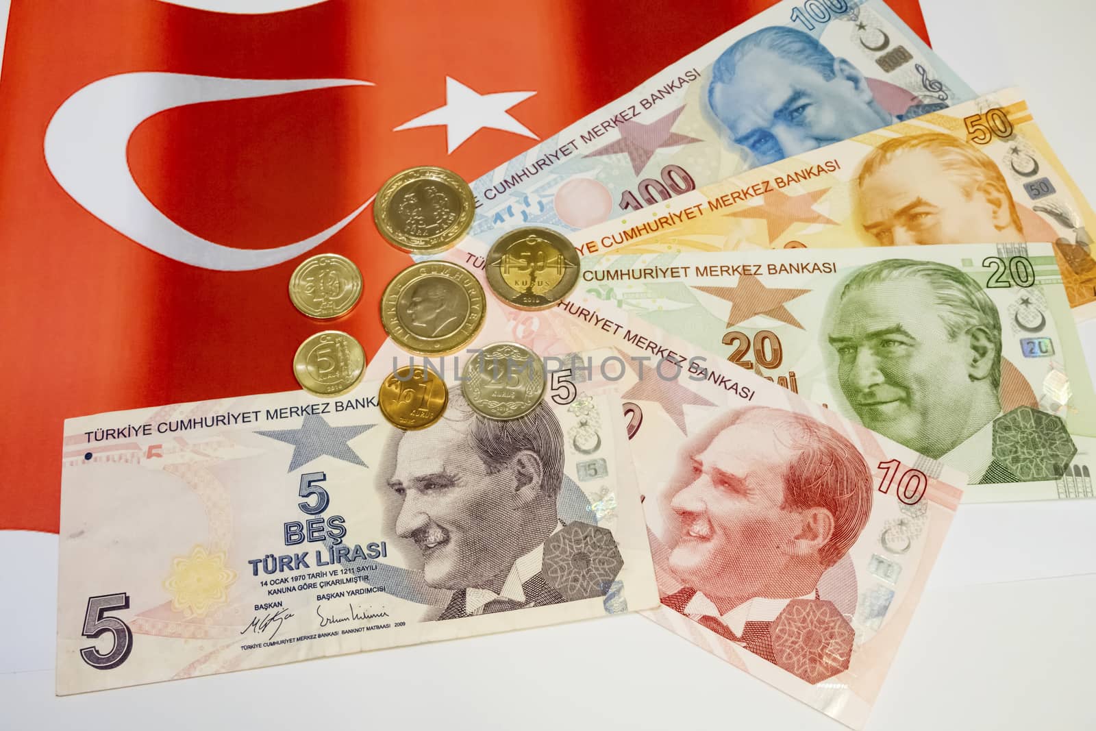 close up turkish lira banknotes with turkish metal coins on background