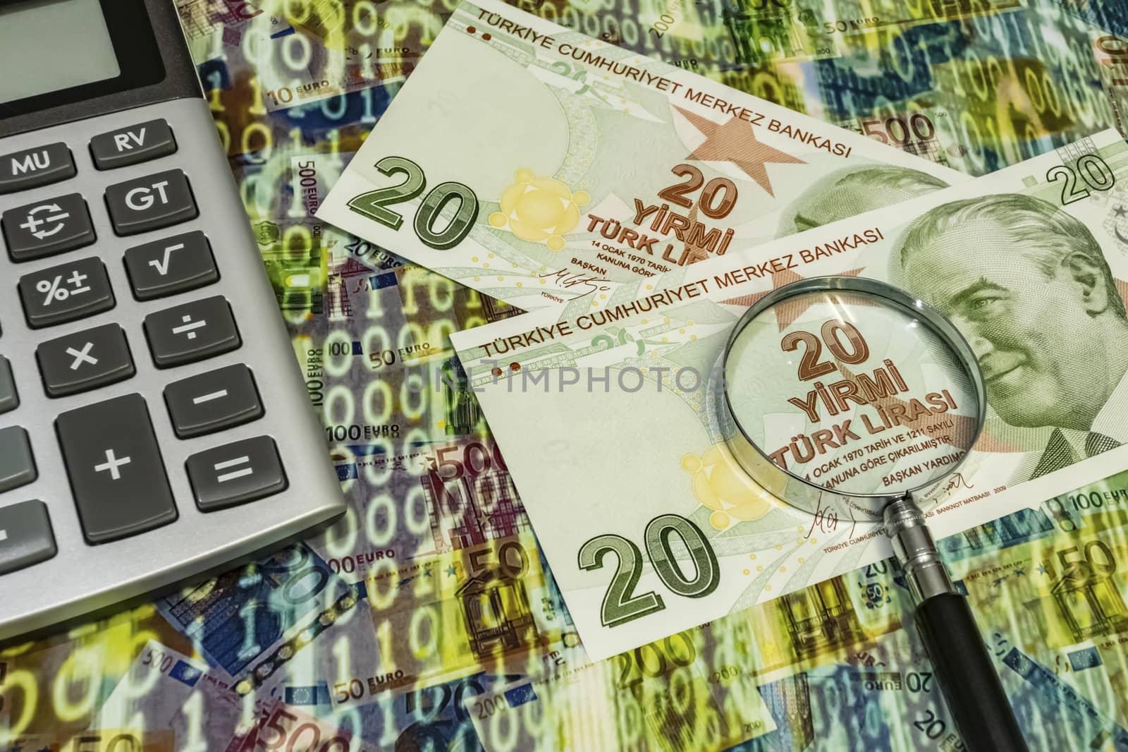 close up turkish lira banknotes on background