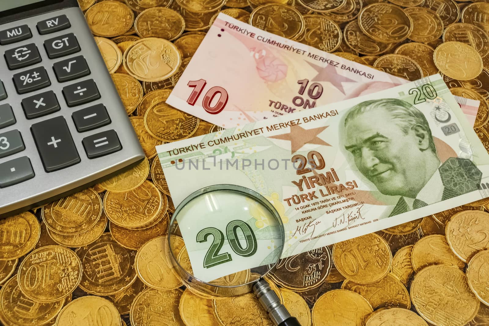 close up turkish lira banknotes on background