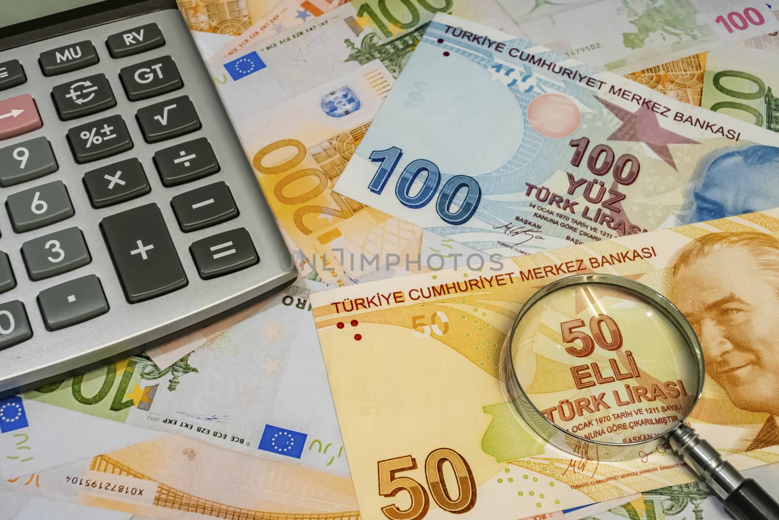 close up turkish lira banknotes on background