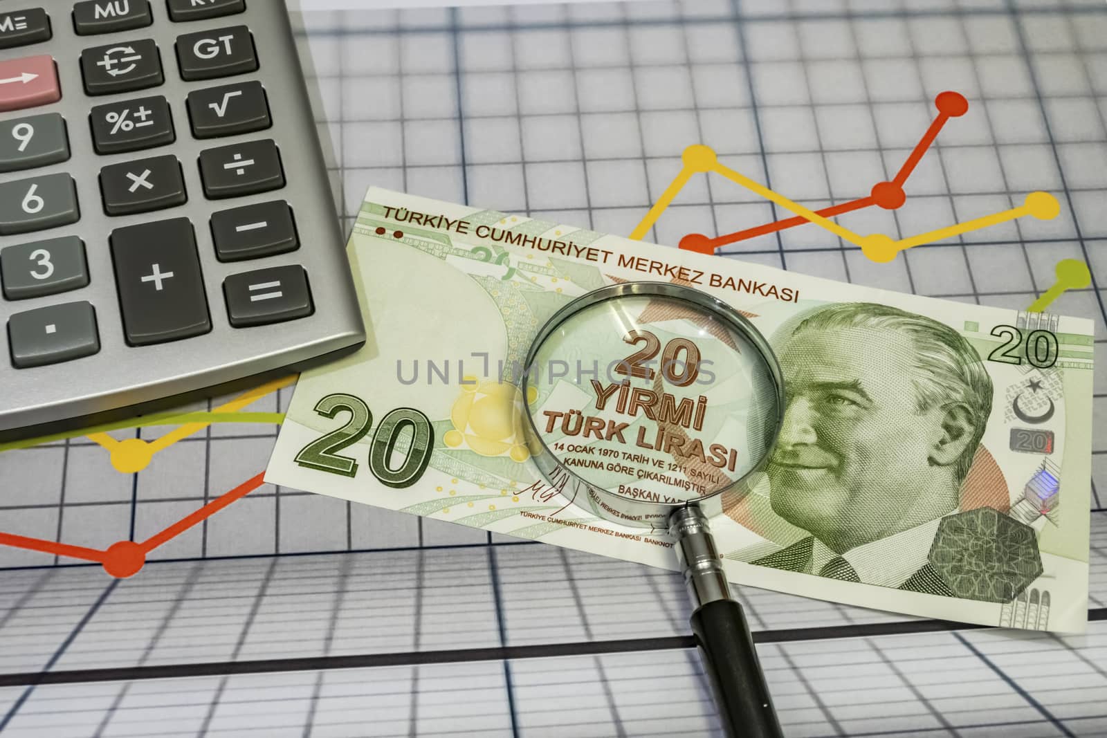 close up turkish lira banknotes on background