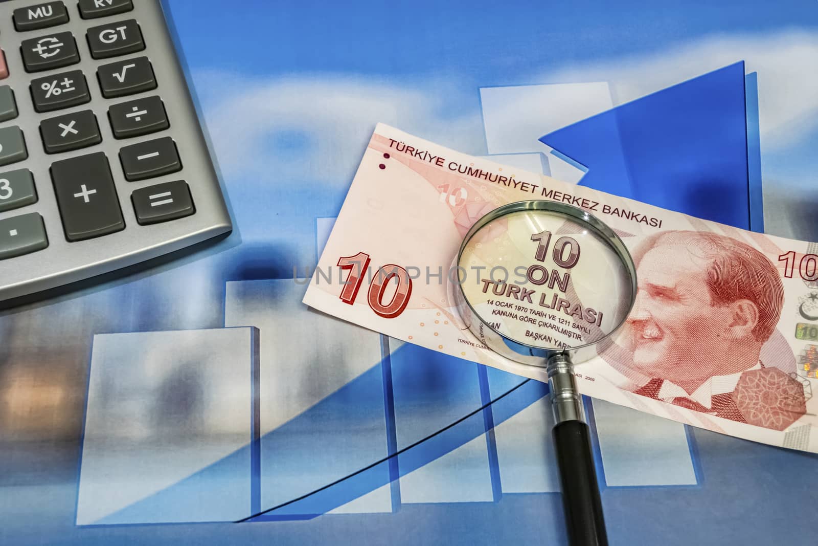 close up turkish lira banknotes on background