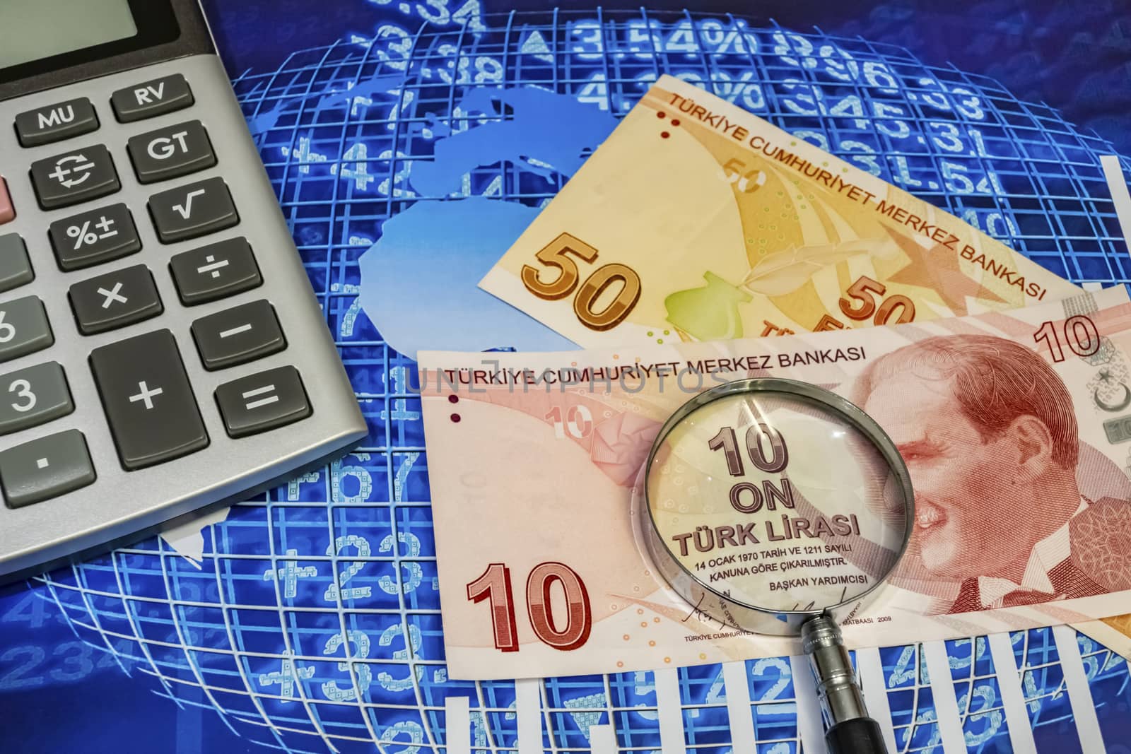 close up turkish lira banknotes on background