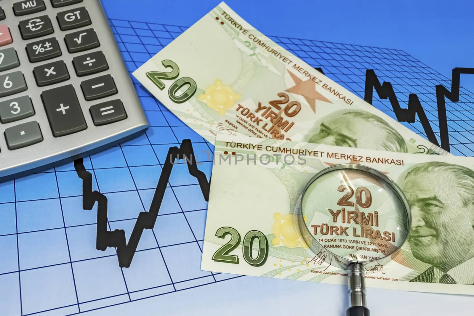 close up turkish lira banknotes on background