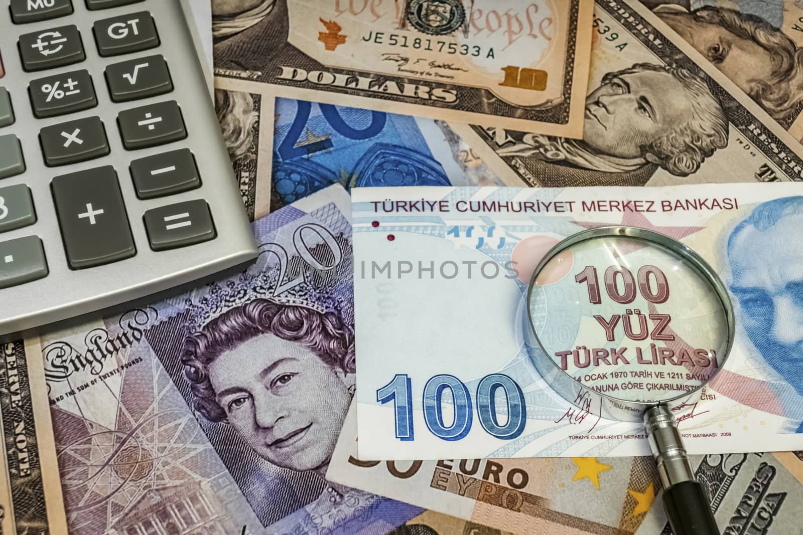 close up turkish lira banknotes on background