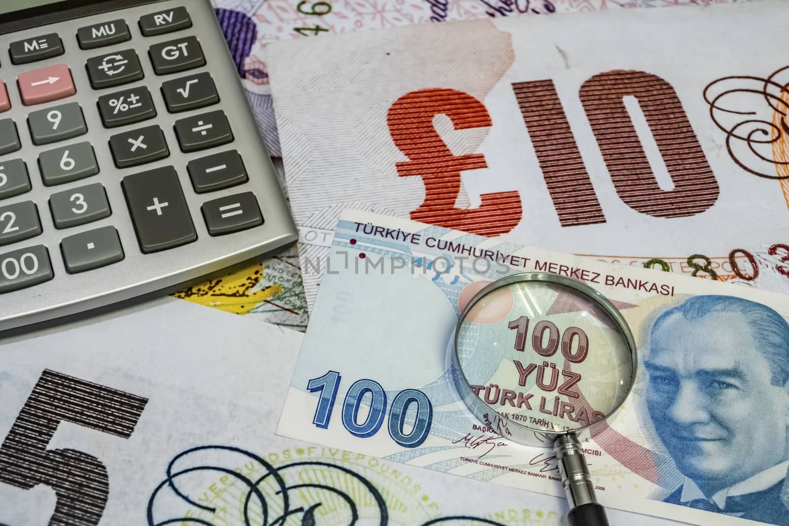 close up turkish lira banknotes on background